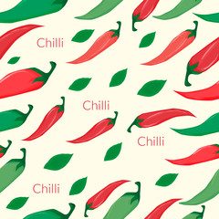 Seamless pattern with different chili peppers, greens and inscriptions on a beige background, bright colorful vegetables.