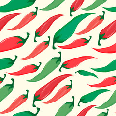 Seamless pattern with different chili peppers, greens and inscriptions on a beige background, bright colorful vegetables.