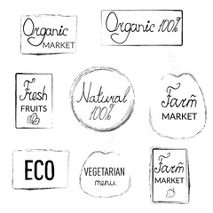 Logos of farm, natural products, lettering on  transparent background in vintage style, decorative elements