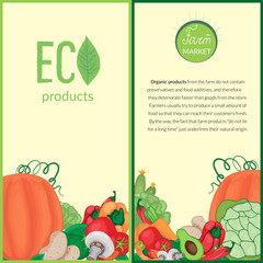 Vintage cards with the image of farm fruits and vegetables with logos and lettering on a beige and green background.