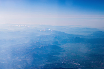 Mountain view from an airplane window.