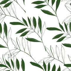 Floral seamless pattern consisting of different elements of foliage, tropical leaves of green color on a white background.
