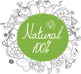  Vegetables drawn in graphic style, arranged in a circle, not painted, under a green circle with a lettering about the naturalness of vegetables and fruits.