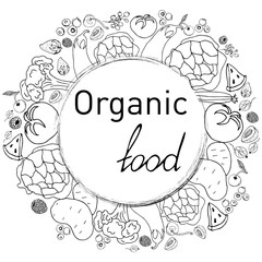  Vegetables drawn in graphic style, arranged in a circle, not painted, under a circle with a lettering about the naturalness of vegetables and fruits.