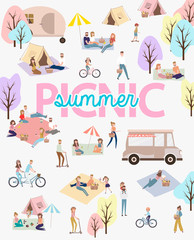 Summer picnic with active family vacation with kids, couples, families, relaxing on nature, ride bicycles and skateboard. Editable vector illustration