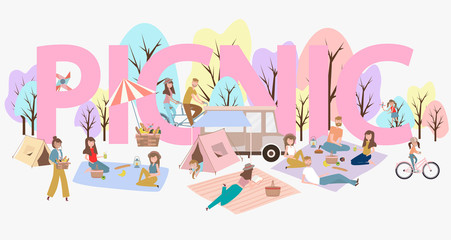 Summer picnic with active family vacation with kids, couples, families, relaxing on nature, ride bicycles and skateboard. Editable vector illustration