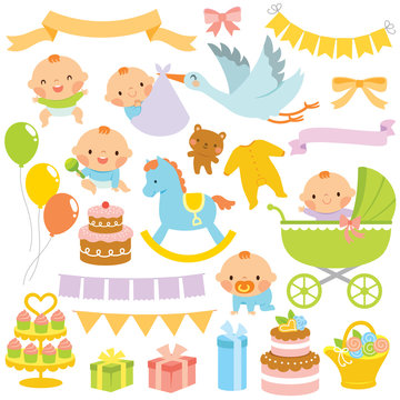 Clip art set of babies and baby shower related items