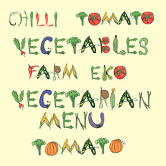 Illustration depicting the words consisting of vegetables in vintage style on a beige background.