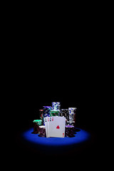 Four Aces with chip stack on blue Table VERTICAL