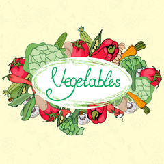 Illustration on the theme of farming products, vegetables and fruits with a letter in vintage style