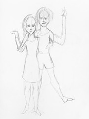 sketch of happy girls hand drawn by black pencil