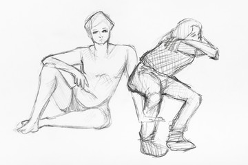 Fototapeta na wymiar sketch of human sit and sit down motions by pencil