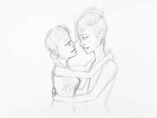 sketch of embraced couple hand drawn by pencil