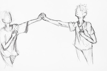 sketch of couple holding hands by black pencil