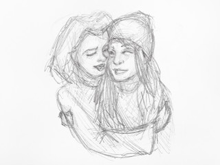 sketch of cuddled girl hand drawn by black pencil