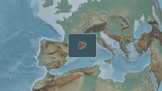 Andorra area bounds outlined on the end cap of rectangular tube and animated against the spinning relief globe. Animation 3D