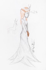 sketch of fairytale princess with animals