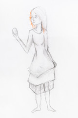 sketch of girl looking in egg on outstretched arm