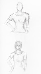 sketches of girl holding hands on waist by pencil