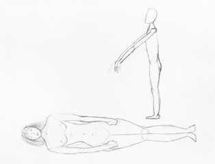 sketch of lying human body and zombie by pencil