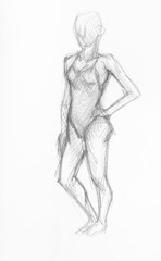 Fototapeta na wymiar sketch of female figure in swimsuit by pencil