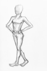 Fototapeta na wymiar sketch of walking female figure by black pencil