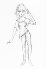 Fototapeta na wymiar happy girl in sport suit hand drawn by pencil