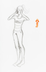 Fototapeta na wymiar sketch of screaming girl hand drawn by pencil