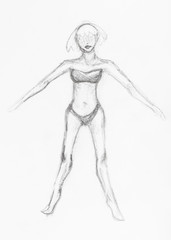 Fototapeta na wymiar sketch of girl in swimsuit hand drawn by pencil