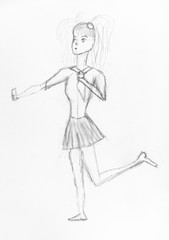 sketch of girl standing on one leg with mirror