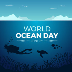world ocean day banner with diving under ocean and fish and coral vector design