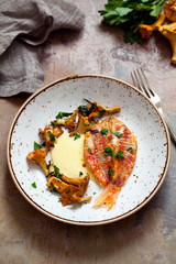 Red mullet with roast garlic aioli and chanterelle mushrooms