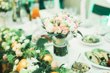 Interior of a restaurant prepared for wedding ceremony