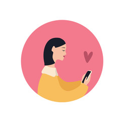 Beautiful caucasian girl with a smartphone and heart symbol, flat vector illustration on fuchsia background