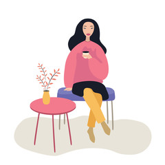 Beautiful woman sitting on the chair at coffee shop while drinking , vector illustration on white background