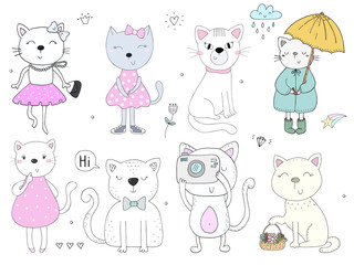 Set of Funny Cartoon cat. vector print.