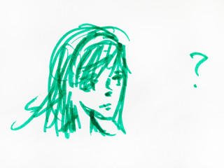 sketch of thoughtful girl head by green felt pen
