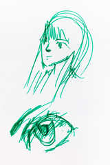 sketch of female head and eye by green felt pen