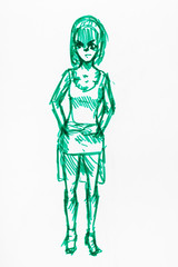 sketch of young woman in short dress