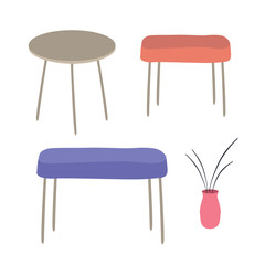 Set of furniture elements table, bench, chair, vase. Flat design elements banners icons