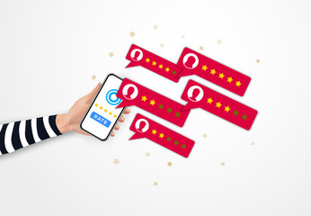 Customer review 5 star rating system on smartphone. Service uality online feedback survey, rate user experience, business concept. Hand holding mobile phone with clients feedback. Vector illustration