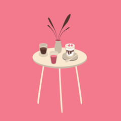 White table with cups with drinks and desserts on pink background. Flat design