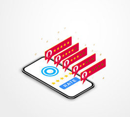 Customer review rating on isometric smartphone. Flat mobile app with online client feedback. Vector illustration