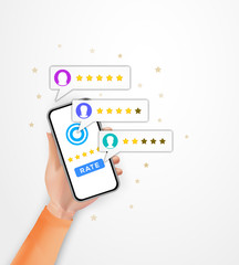 Customer review five star rating on smartphone. Online survey, rate user satisfaction, business concept. Woman hand holding mobile phone with clients feedback. Banner design. Vector illustration