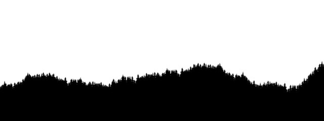Realistic illustration of landscape horizon with coniferous forest and tree tops. Widescreen template, vector