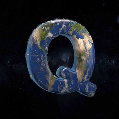Earth uppercase letter Q isolated on dark space background.