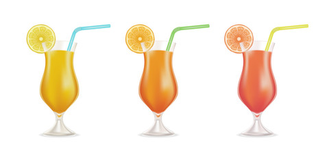 Vector cocktail set garnished with fresh orange, lemon, and colored straw tubes isolated on white background. Stock Illustration.