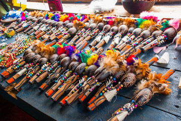 Souvenirs in the Amazon rainforest made from local nuts and animals near Iquitos. Market for...