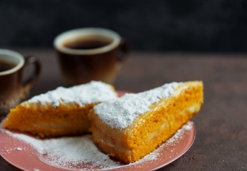 Homemade carrot cake and a Cup of coffee
