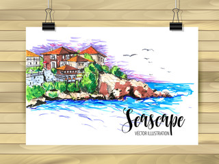 Hand drawn seascape Sketch for your design,Drawn in color ink or markers on white background